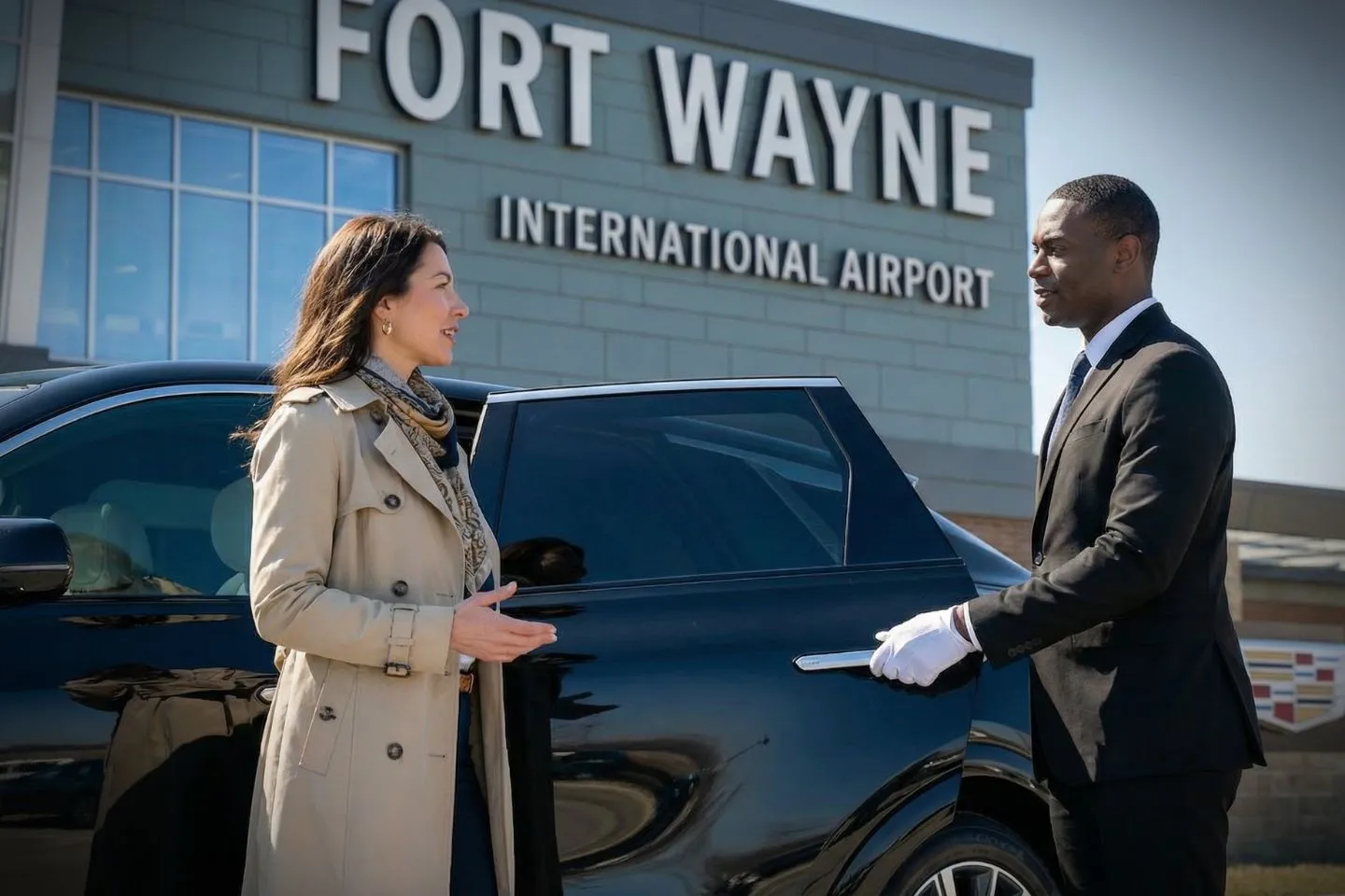 Premium Cadillac Escalade providing Fort Wayne FWA airport car service to downtown Fort Wayne and Parkview Field