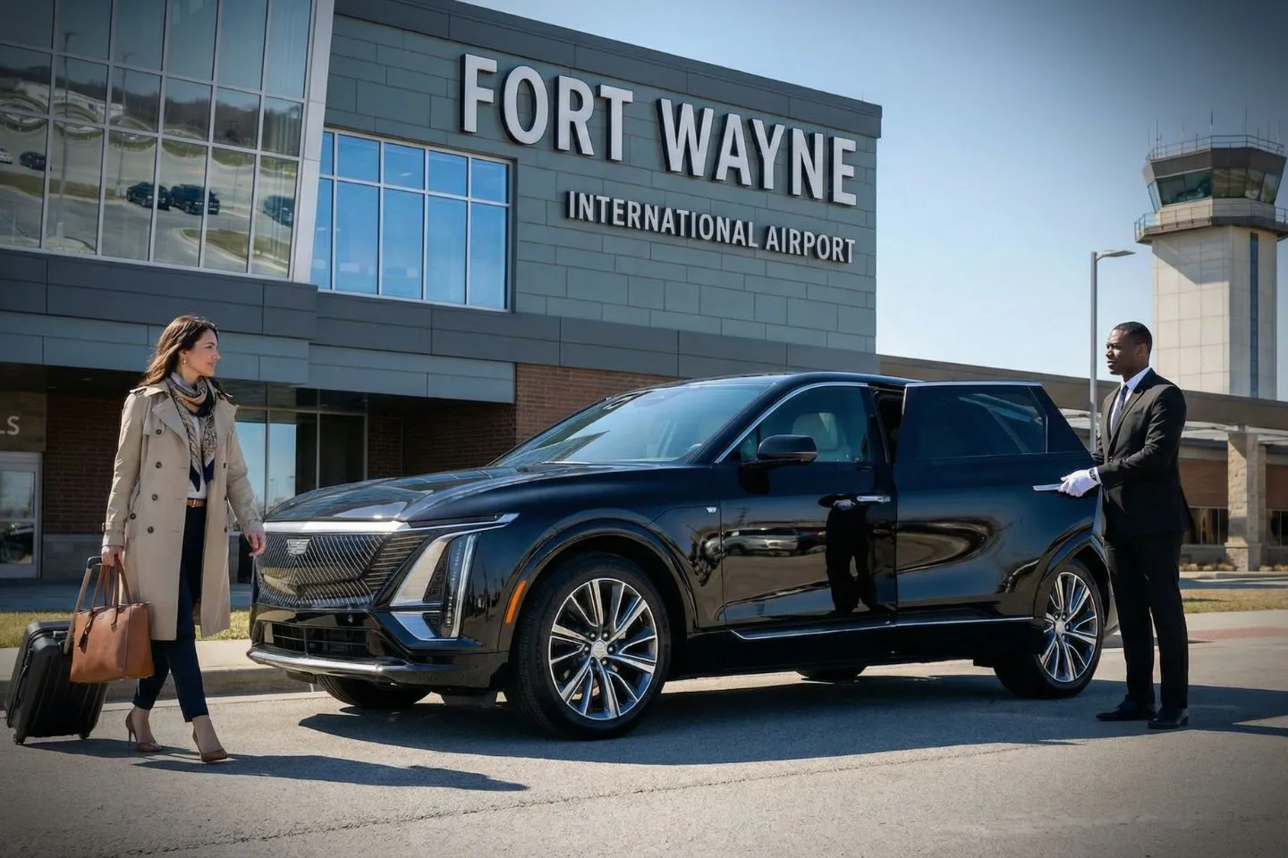 Union Limousine chauffeur greeting executive at FWA Fort Wayne International airport baggage claim