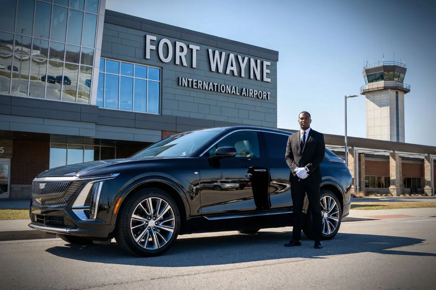 Luxury black Mercedes Benz S Class at Fort Wayne International Airport FWA terminal curbside in Indiana