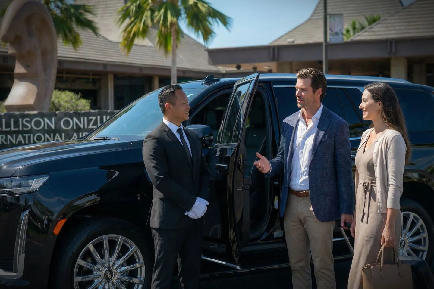 Professional chauffeur greeting passenger at KOA open air arrivals