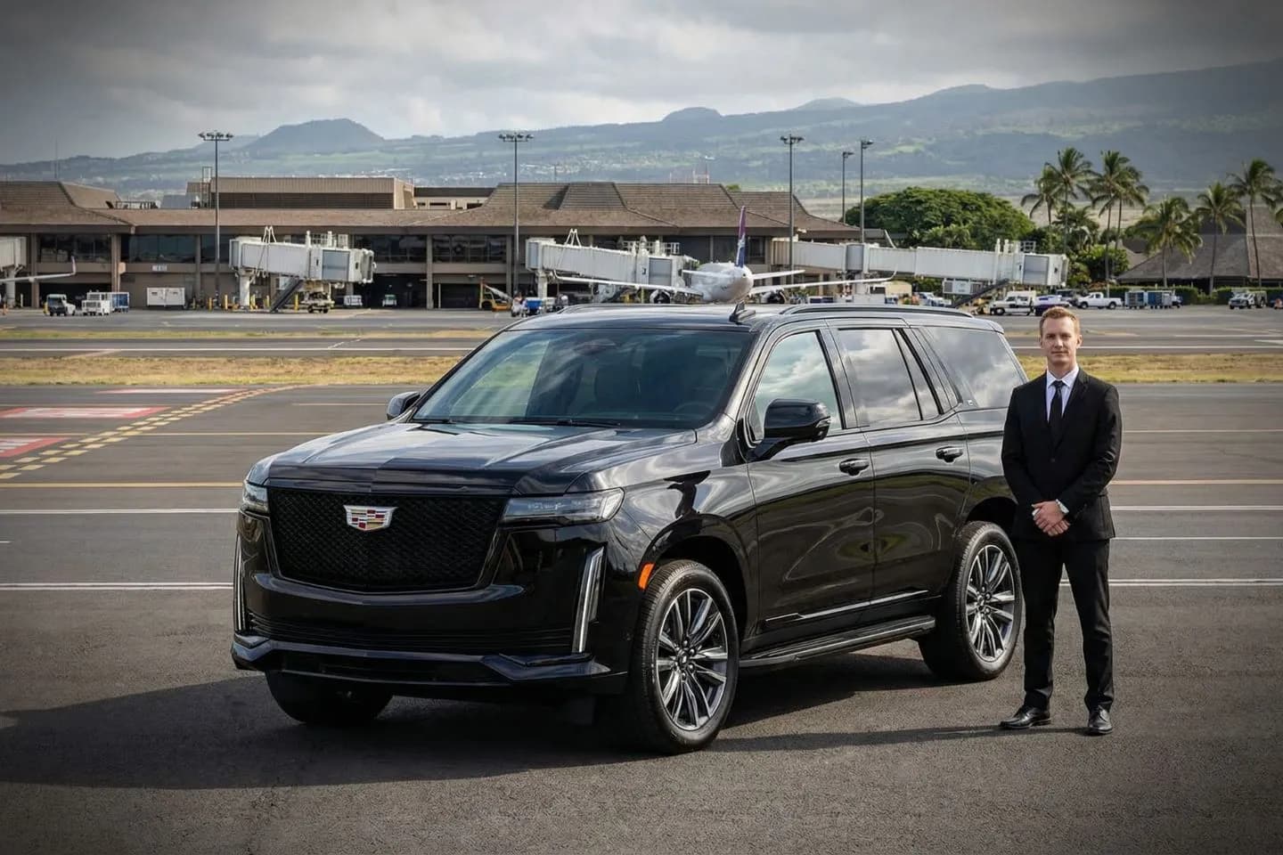 Black luxury sedan parked at Ellison Onizuka Kona International Airport curbside