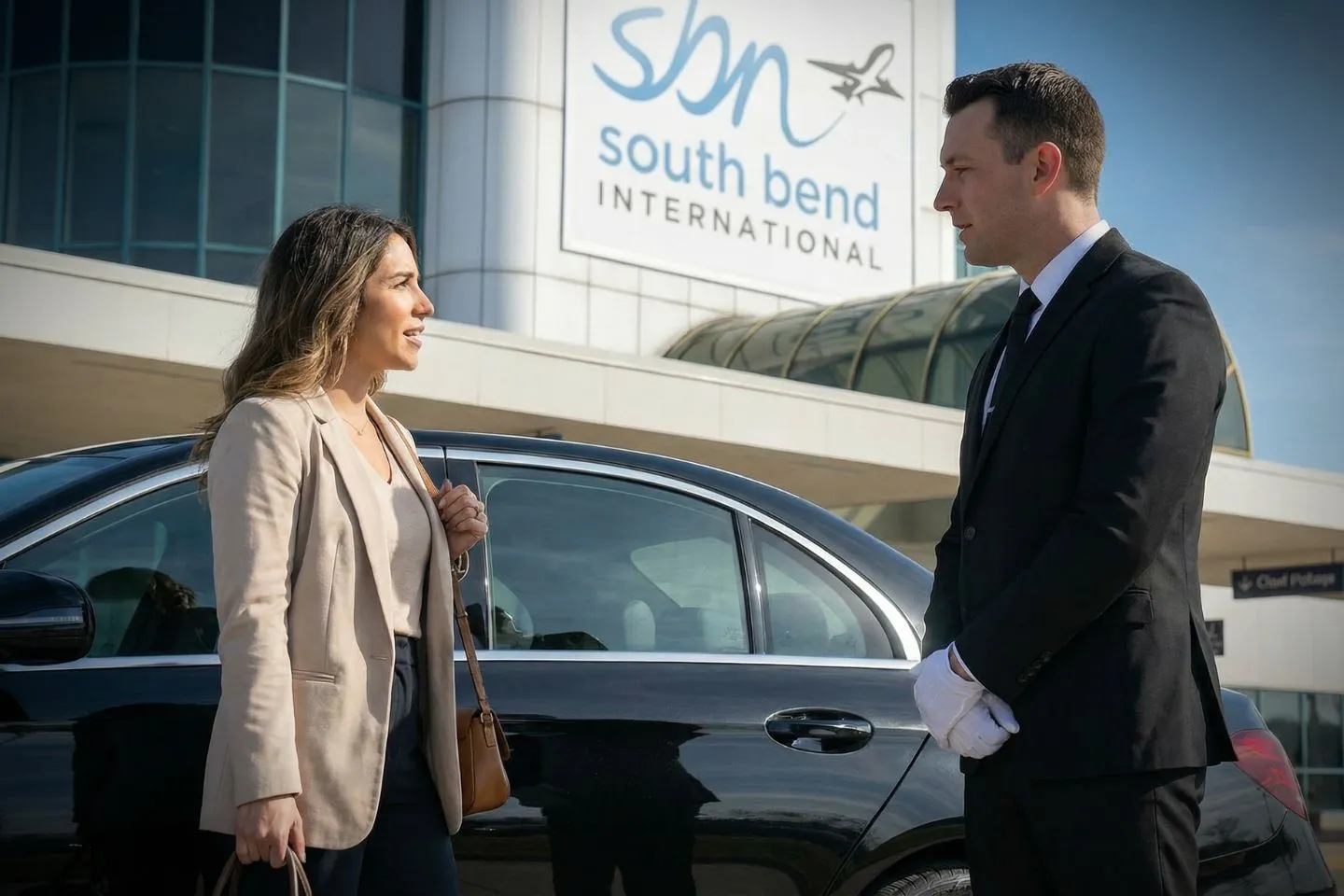 Union Limousine chauffeur greeting Notre Dame parent at SBN South Bend International airport baggage claim