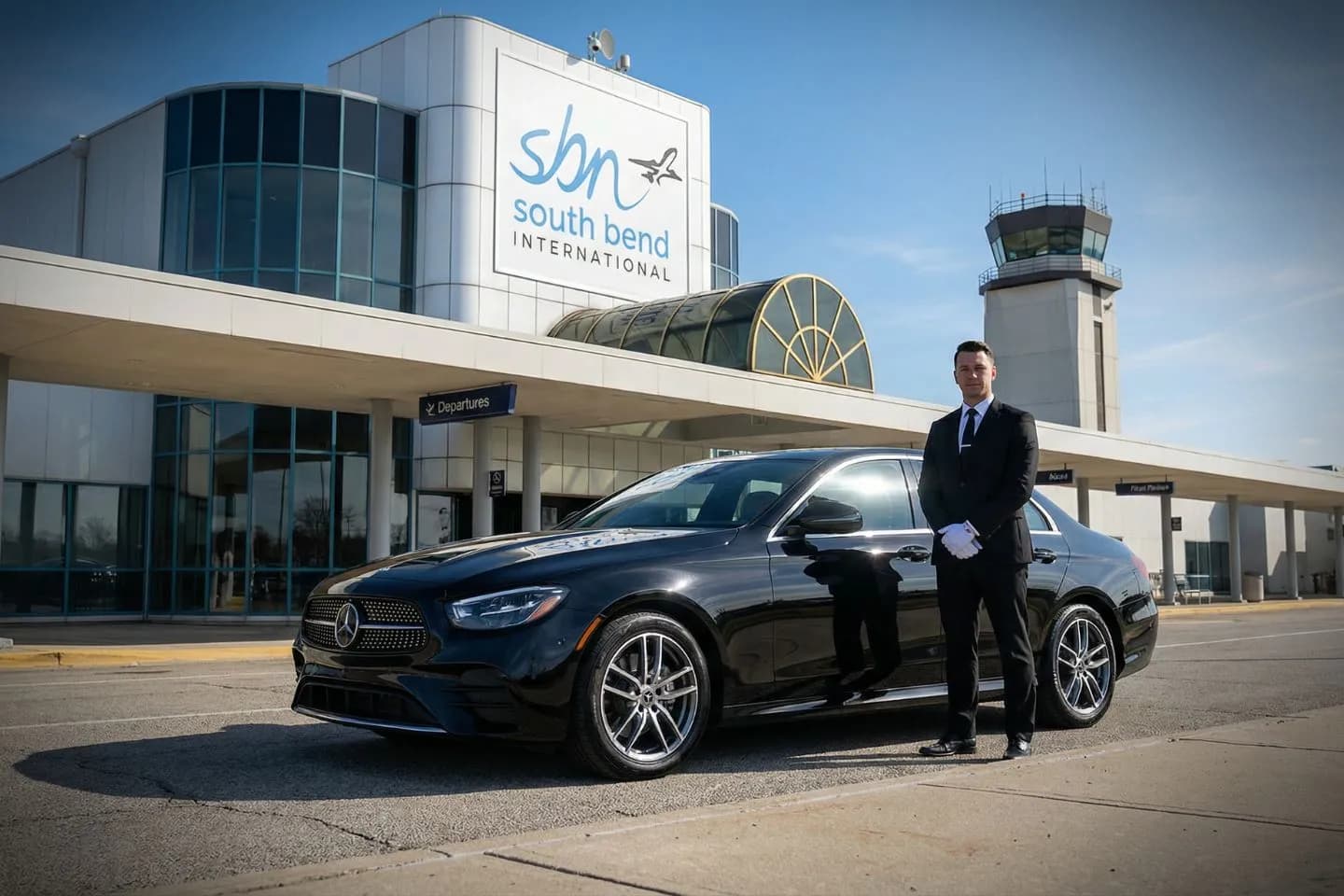 Luxury black Mercedes Benz S Class at South Bend International Airport SBN terminal curbside in Indiana