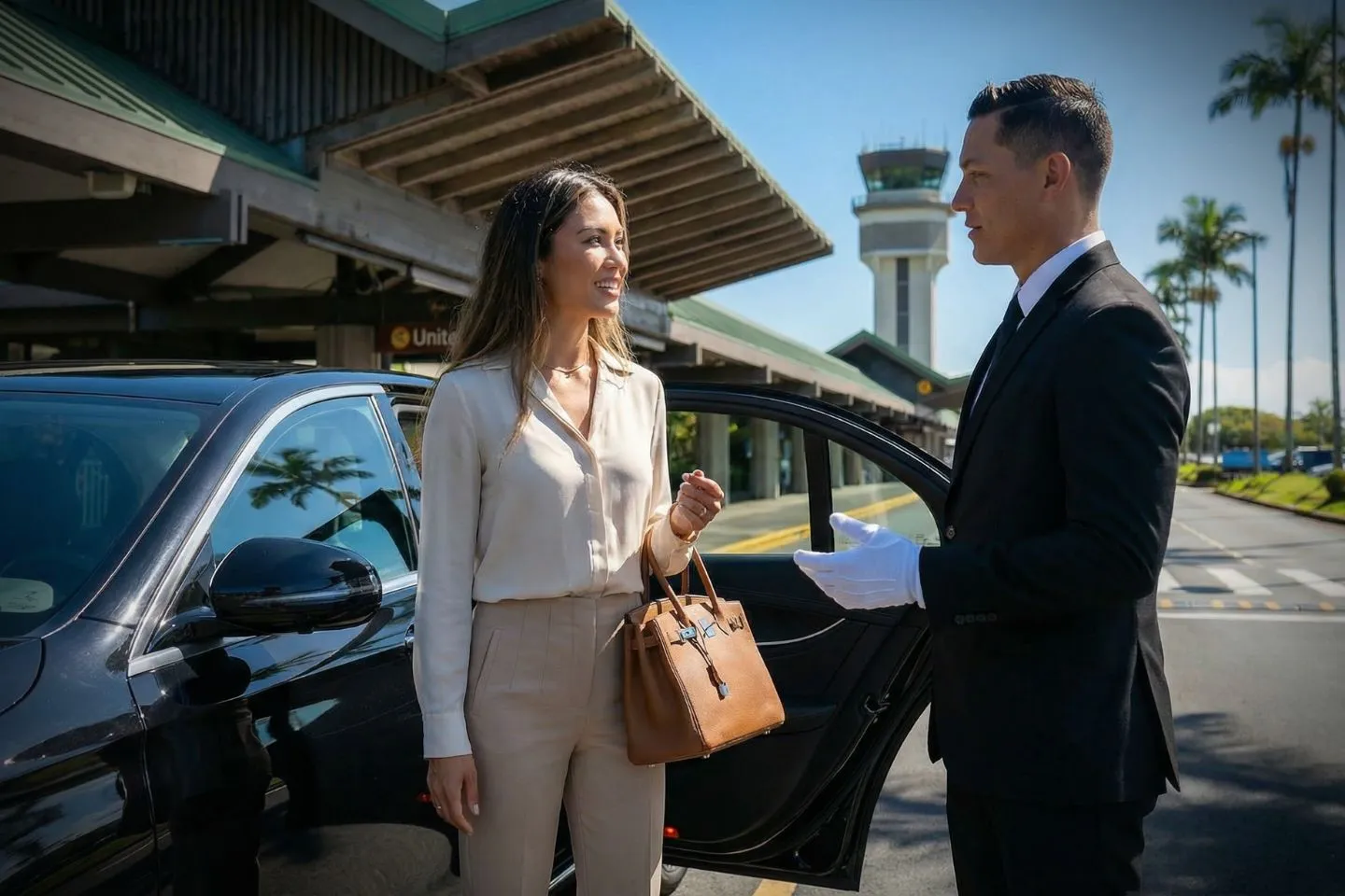 Professional chauffeur greeting passenger at ITO baggage claim arrivals