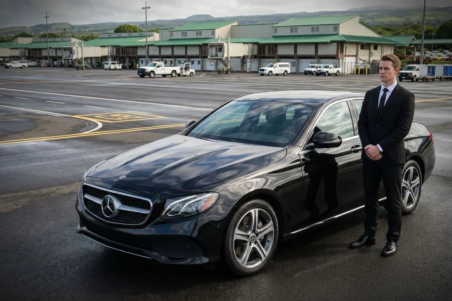 Black luxury sedan parked at Hilo International Airport terminal curbside on Big Island