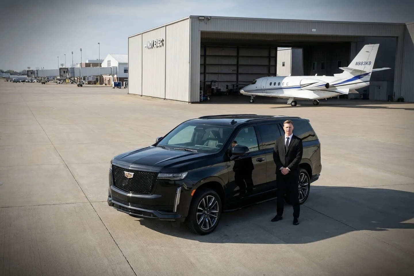 Black Cadillac Escalade chauffeured car at Indianapolis Executive airport for ride to Conner Prairie and Carmel Arts District