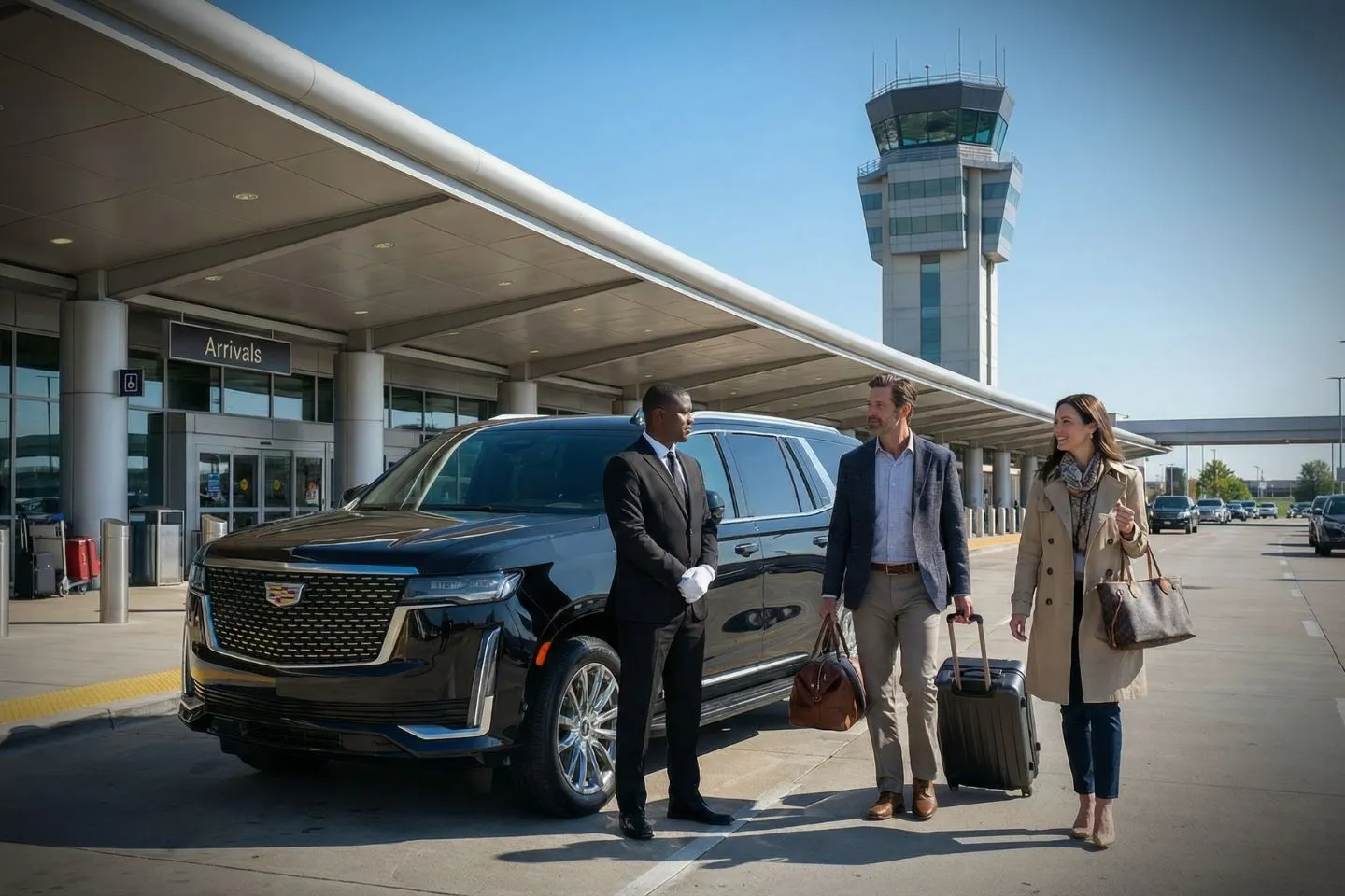 Union Limousine chauffeur greeting corporate aviation executive at TYQ Indianapolis Executive airport FBO
