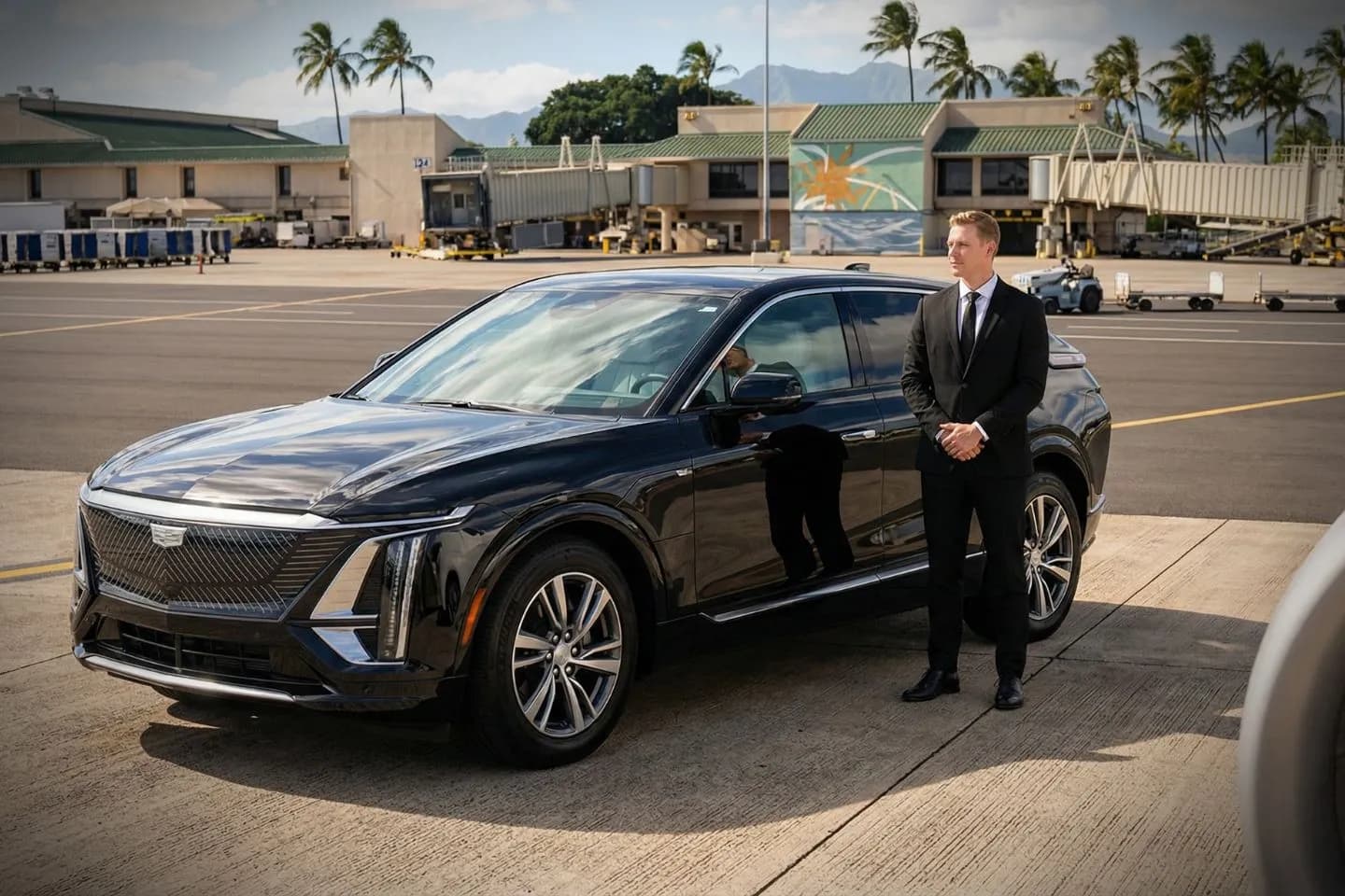 Black luxury sedan parked at Lihue Airport terminal curbside on Kauai island