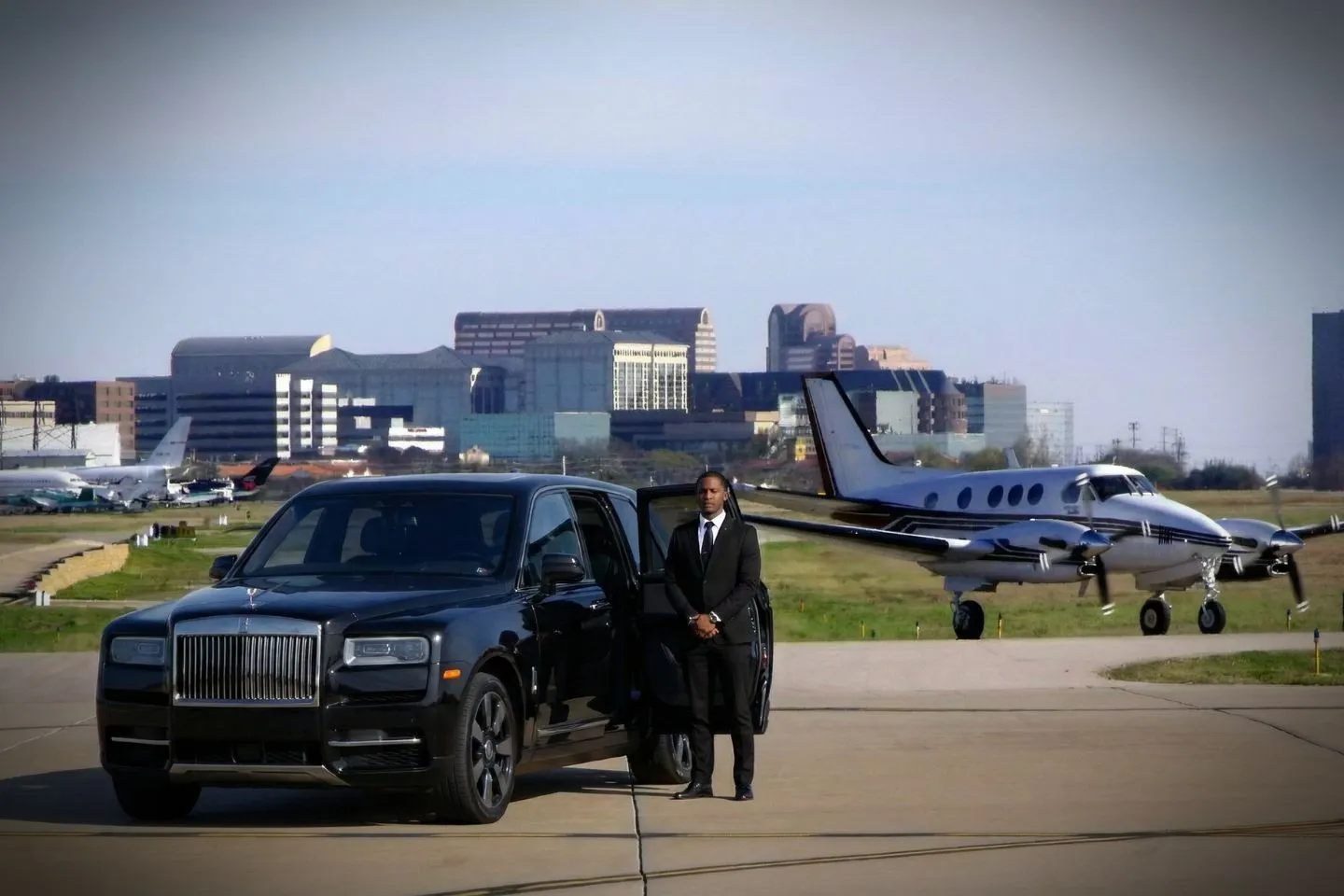 Luxury black Mercedes Benz S Class at Easterwood Field Airport CLL terminal curbside in College Station Texas