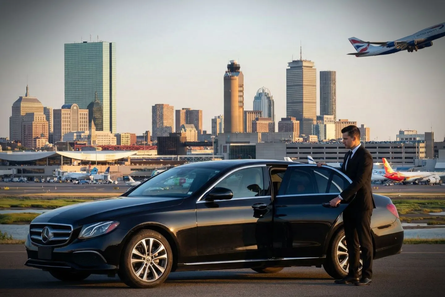 Black luxury sedan parked at Laurence G Hanscom Field Airport FBO entrance in Bedford Massachusetts
