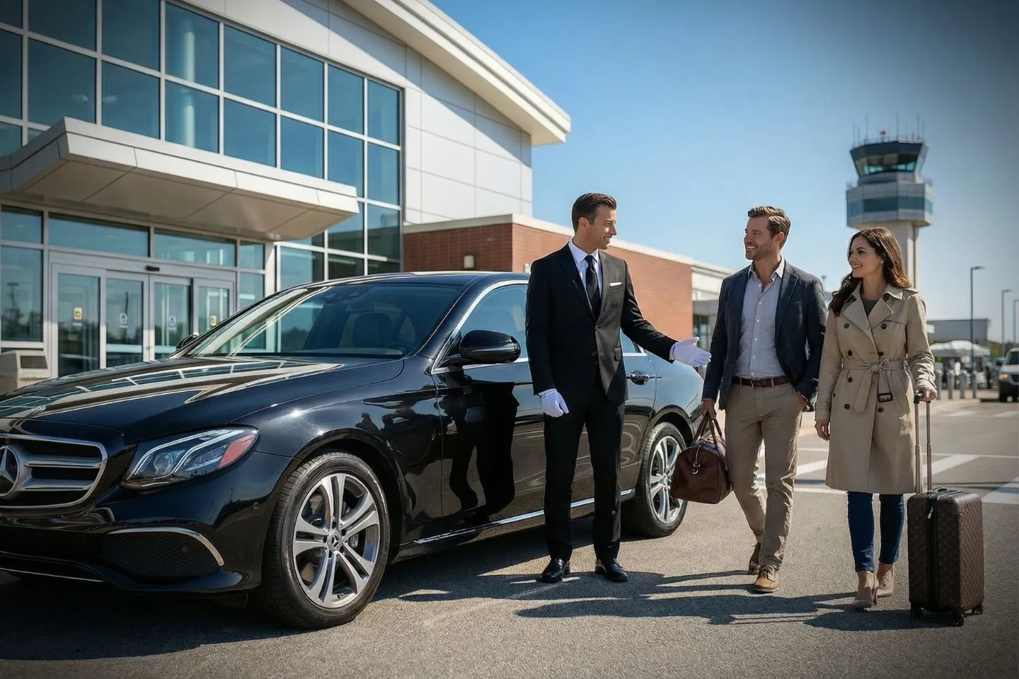 Professional chauffeur greeting passenger at BED FBO lobby private aviation arrivals