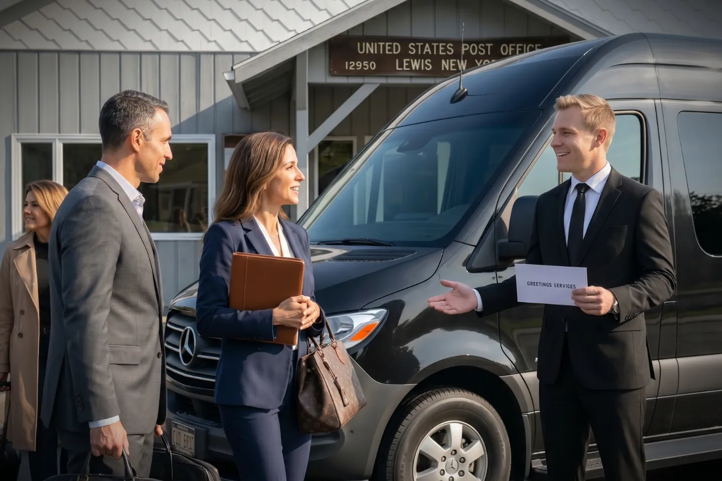 A family standing by a high-end black Sprinter passenger van in Lewis, NY.