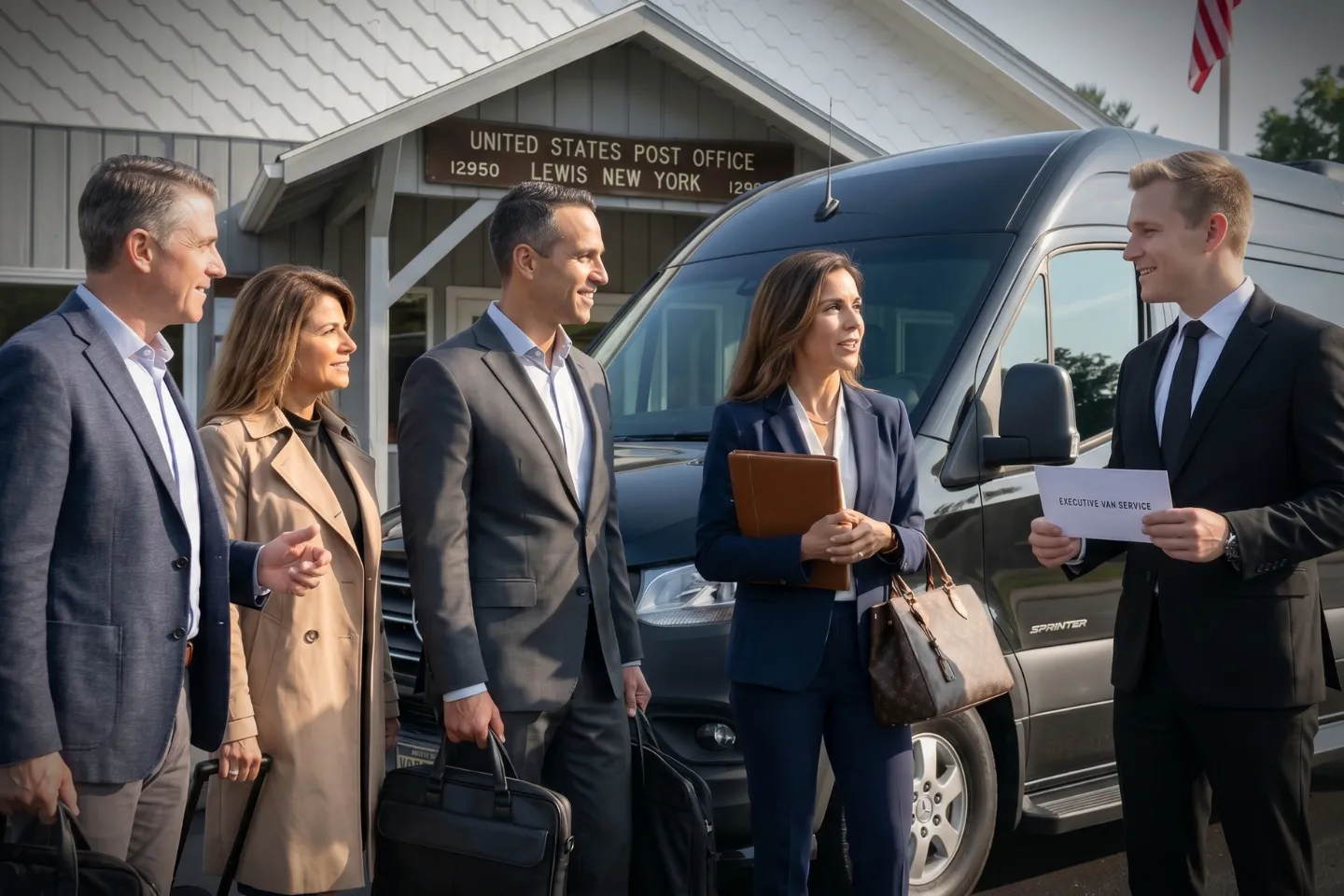 Close-up view of travelers interacting near a spacious Sprinter van rental in Lewis, NY.