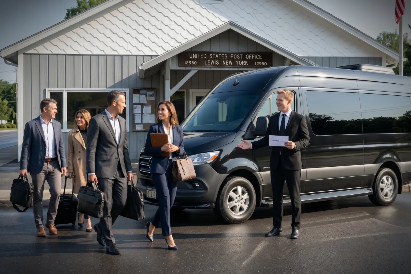 A group of passengers boarding a clean executive Sprinter van rental in Lewis, NY.