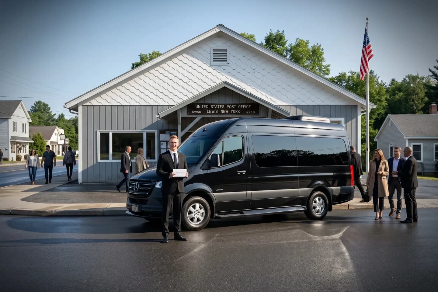 Front view of a luxury Sprinter passenger van rental available in Lewis, NY.