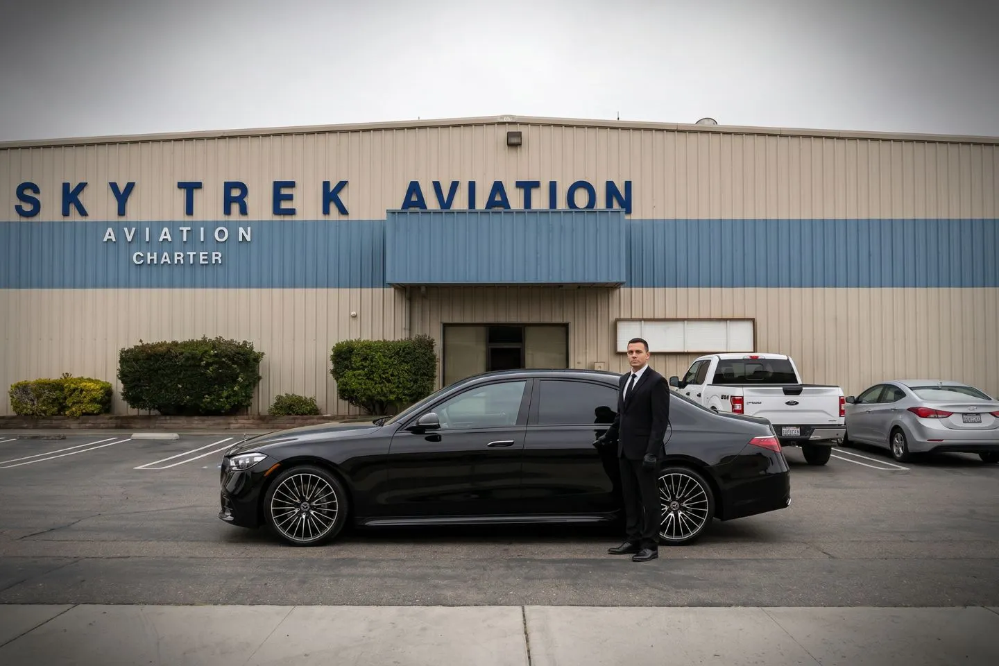 Union Limousine chauffeur greeting Central Valley agricultural executive at MOD Modesto City County airport baggage claim