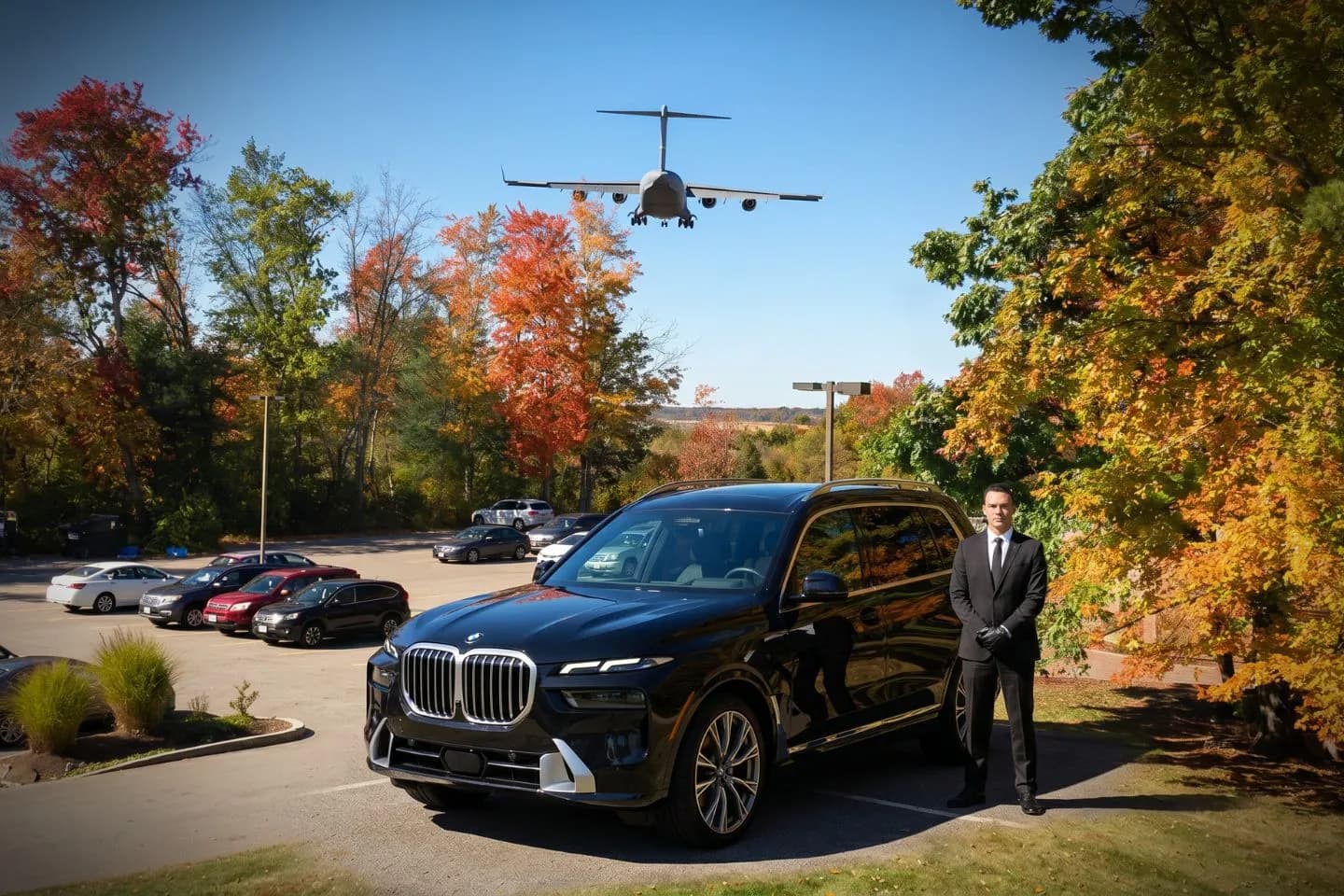 Professional chauffeur greeting passenger at BED FBO lobby private aviation arrivals