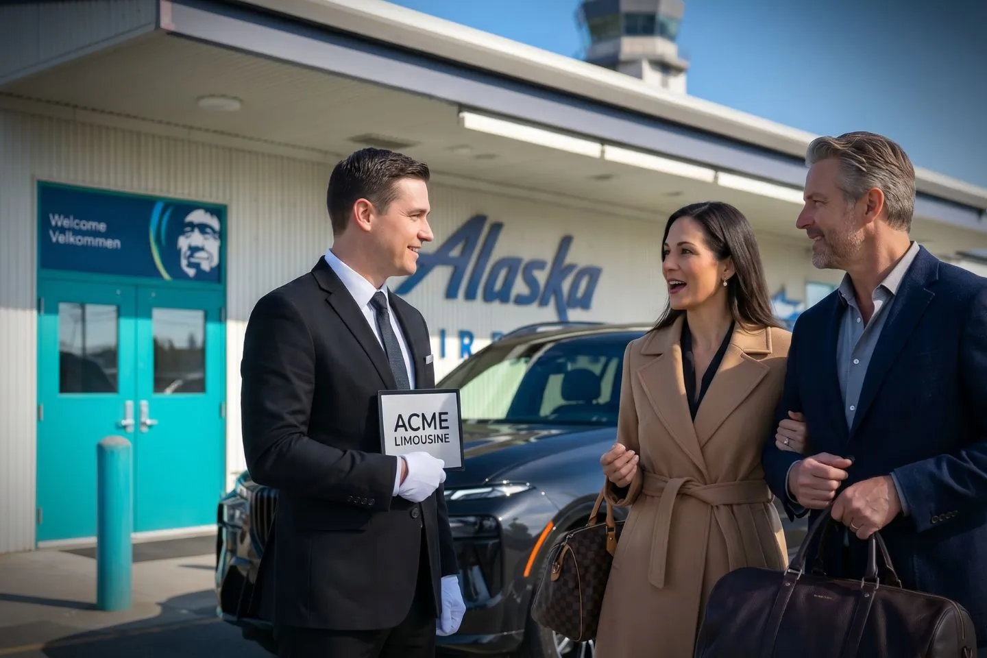 Professional chauffeur greeting passenger at PSG baggage claim arrivals area
