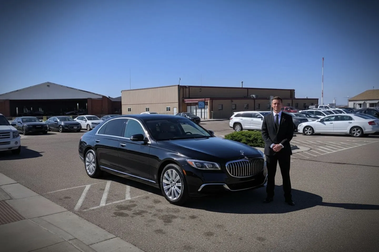 Black Cadillac Escalade chauffeured car at Dodge City Regional airport for ride to Western Plains Medical and Dodge City Community College
