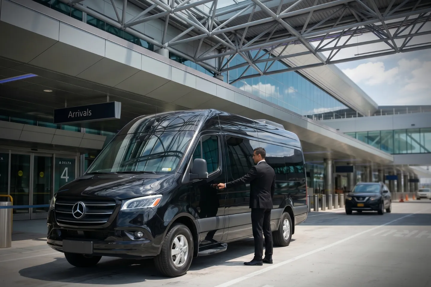Chauffeur loading suitcases into a Sprinter van outside LGA Terminal B