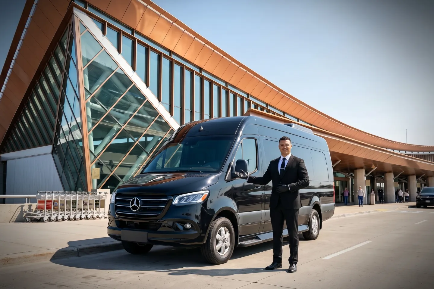 Luxury Sprinter van rental parked outside Buffalo Niagara International Airport terminal