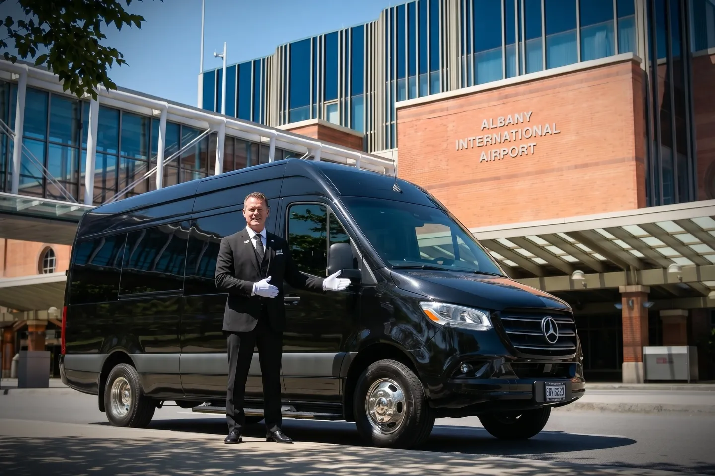 Black Sprinter van rental waiting at Albany International Airport pickup area