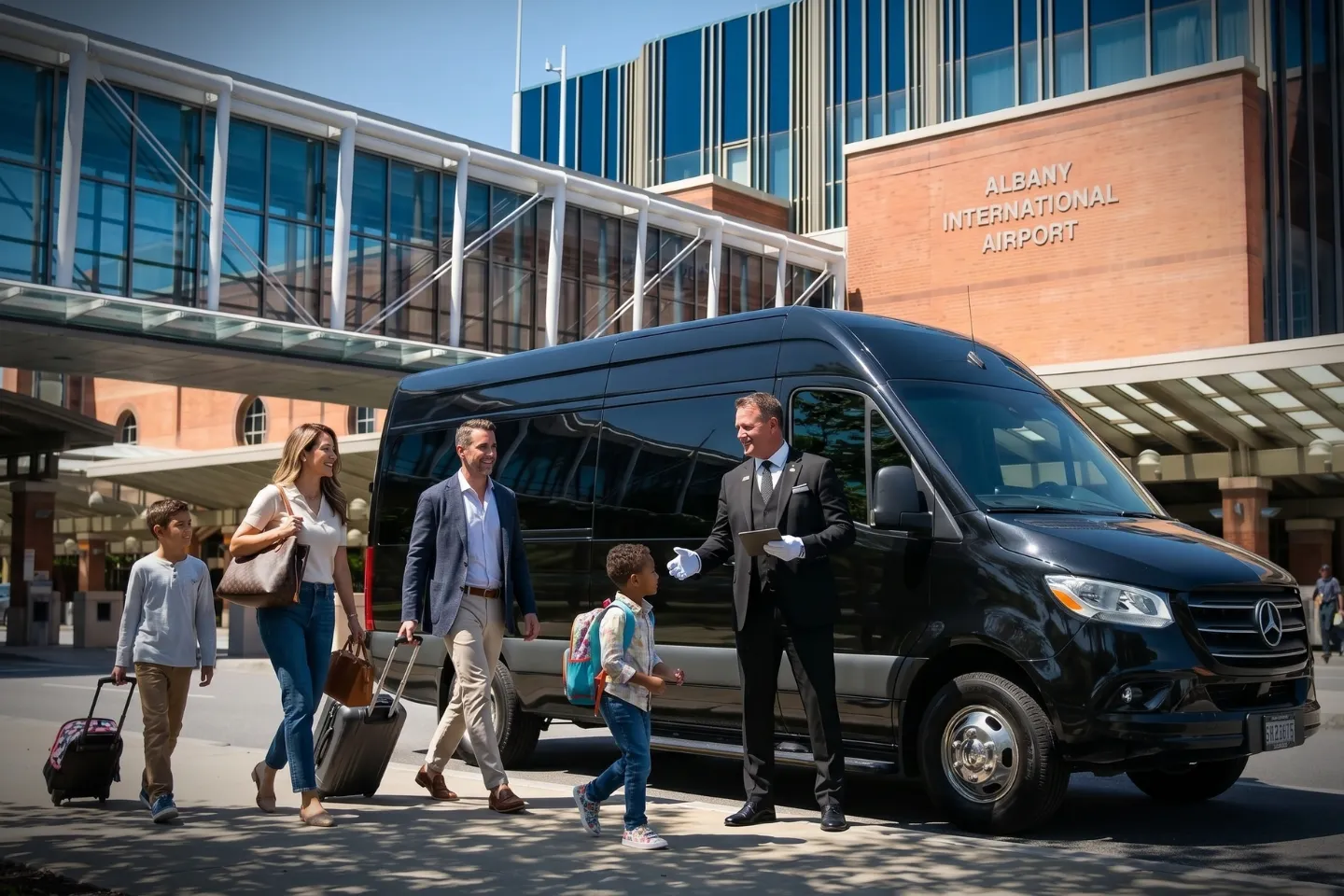 Roomy Sprinter van cabin with reclining seats for Albany airport travel