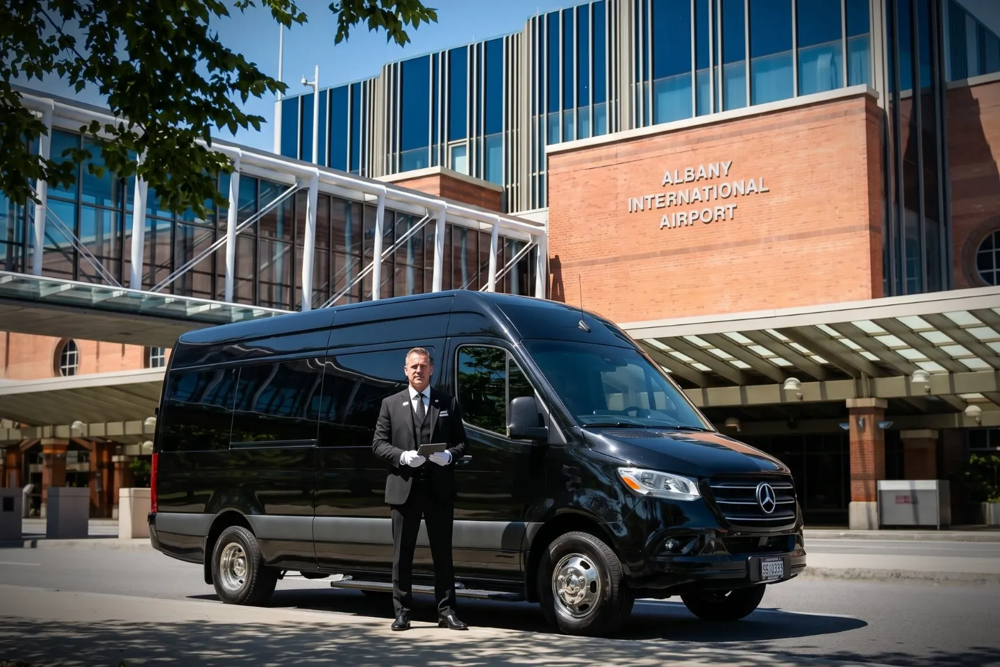 Chauffeur greeting passengers beside a Sprinter van outside the ALB terminal