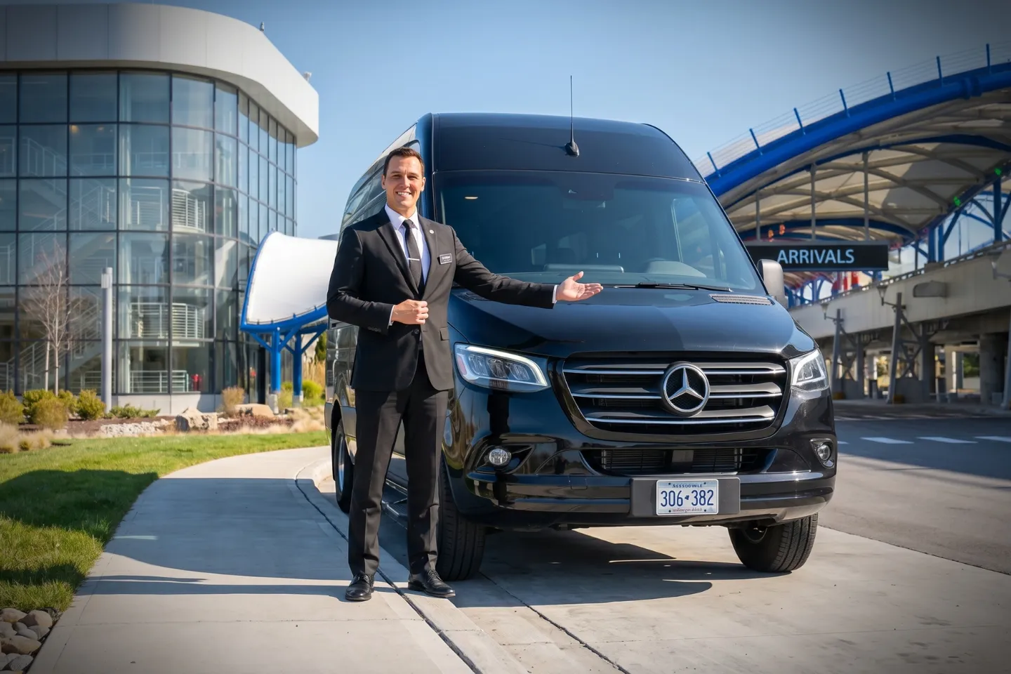 Driver loading bags into a black Sprinter van at ROC curbside