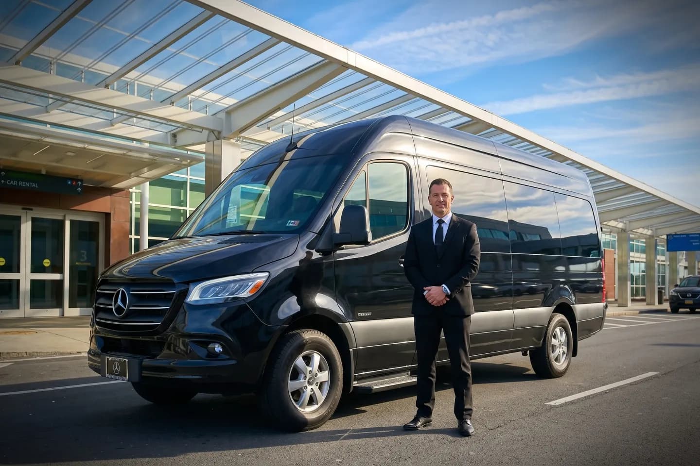 Luxury Sprinter van parked at Syracuse Hancock International Airport pickup zone