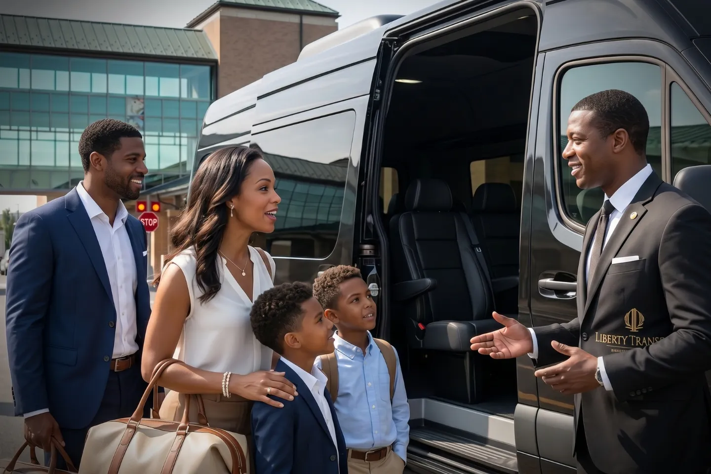 Corporate travelers boarding a luxury Sprinter van near HPN arrivals