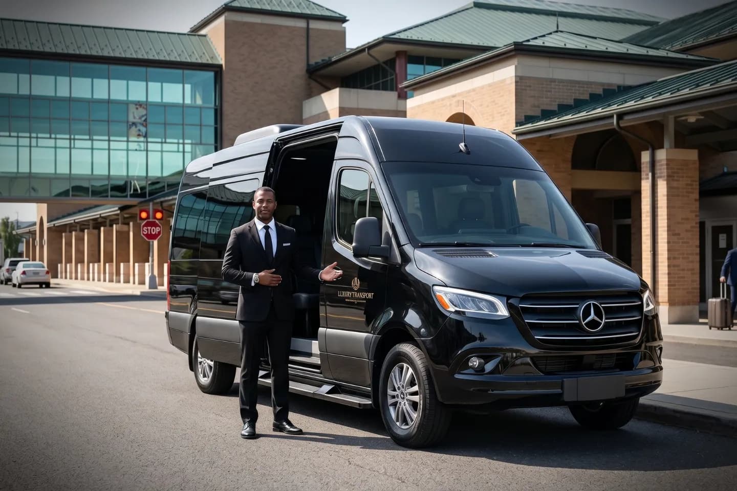 Black Sprinter van rental outside the Westchester County Airport terminal building