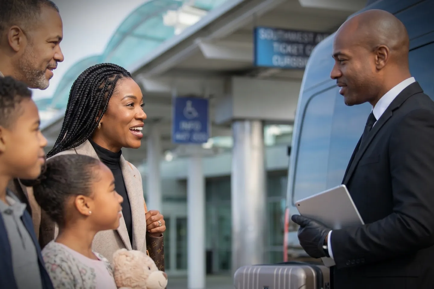 Black Sprinter van idling at the MacArthur Airport passenger pickup zone