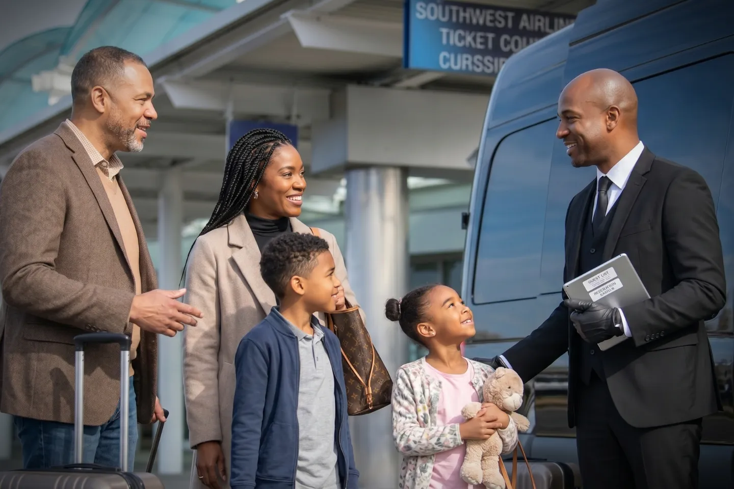 Family boarding a luxury Sprinter van near the ISP arrivals area