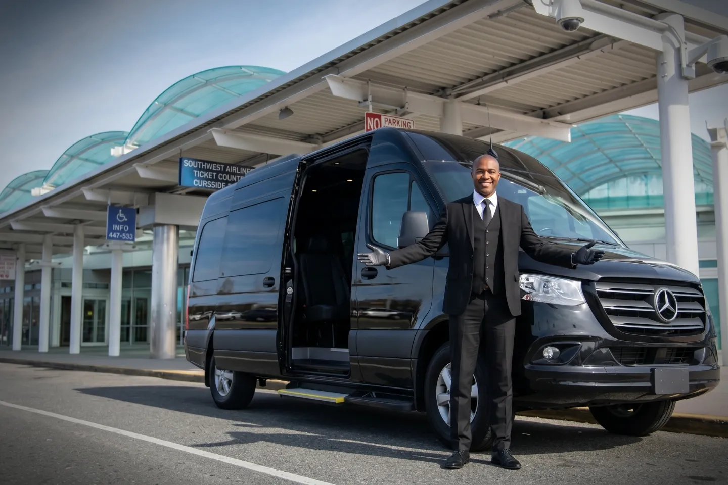 Chauffeur loading suitcases into a black Sprinter van outside the ISP terminal