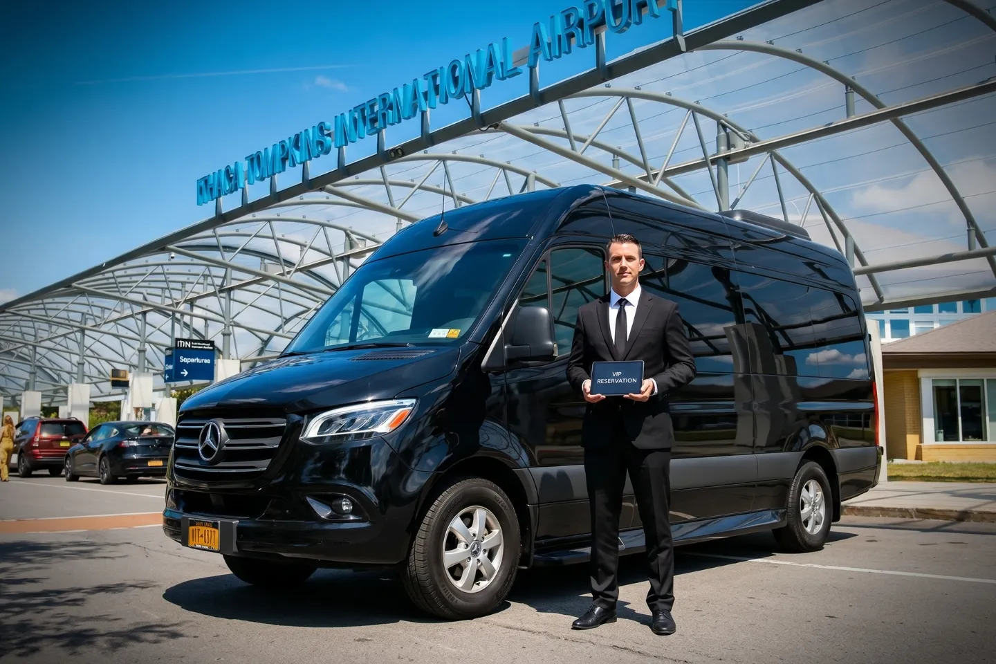 Luxury Sprinter van parked outside Ithaca Tompkins International Airport terminal