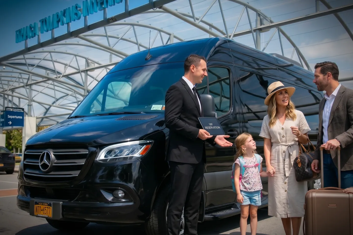 Sprinter van rental waiting along the Ithaca Tompkins terminal roadway