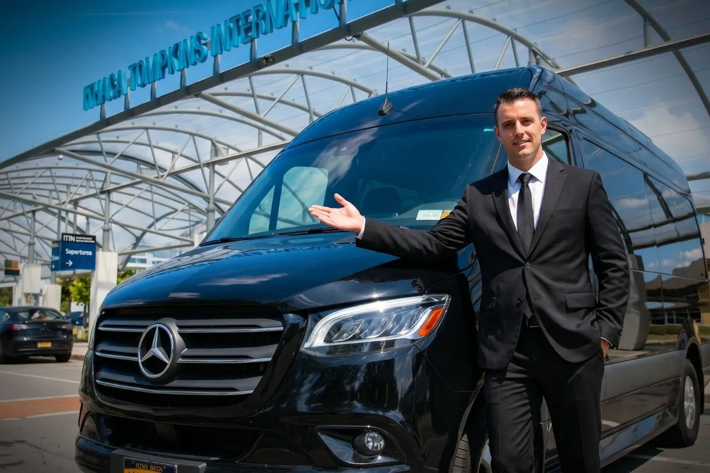 Driver placing bags in a Sprinter van at ITH curbside pickup