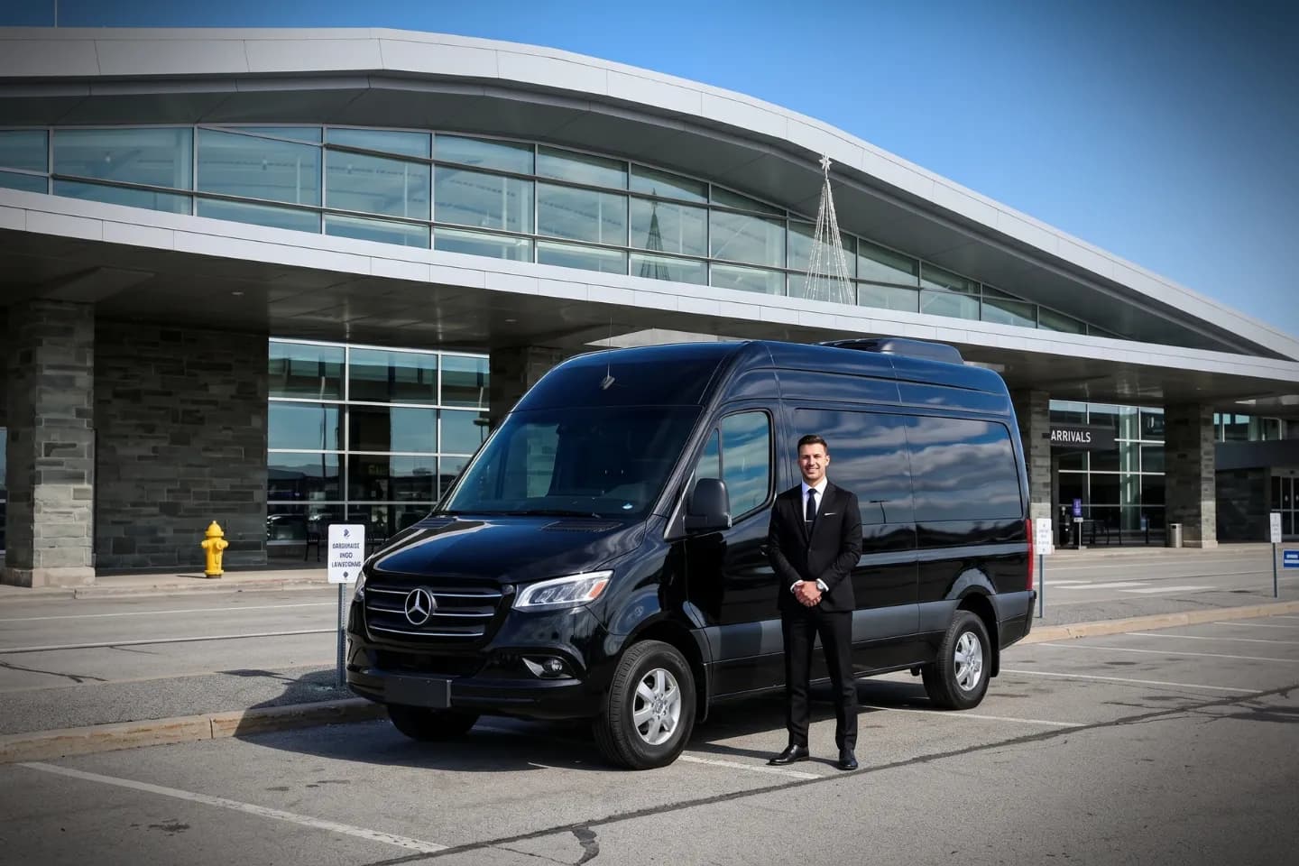 Black Sprinter van rental outside the Niagara Falls International Airport terminal