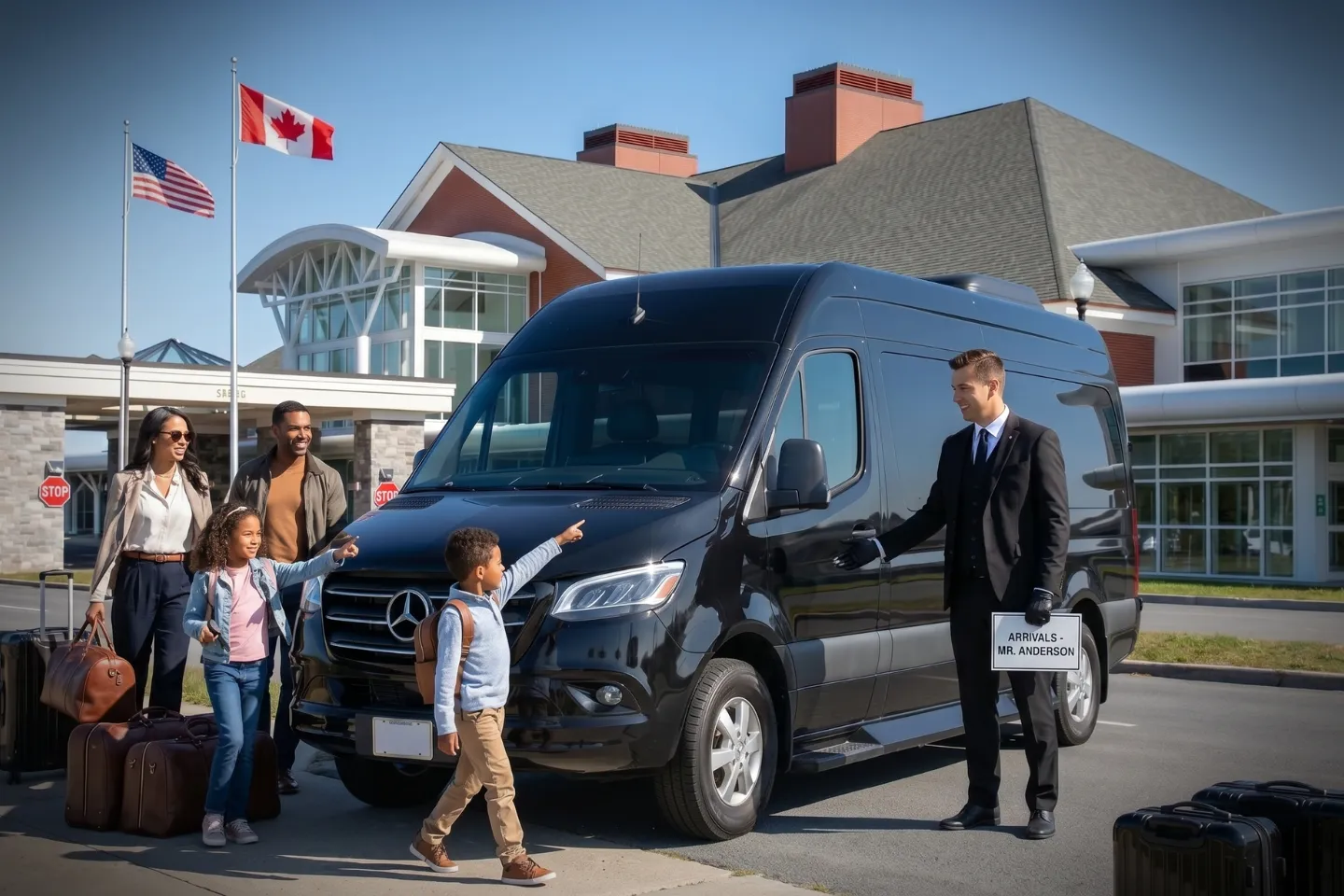Travelers stepping into a luxury Sprinter van near PBG arrivals