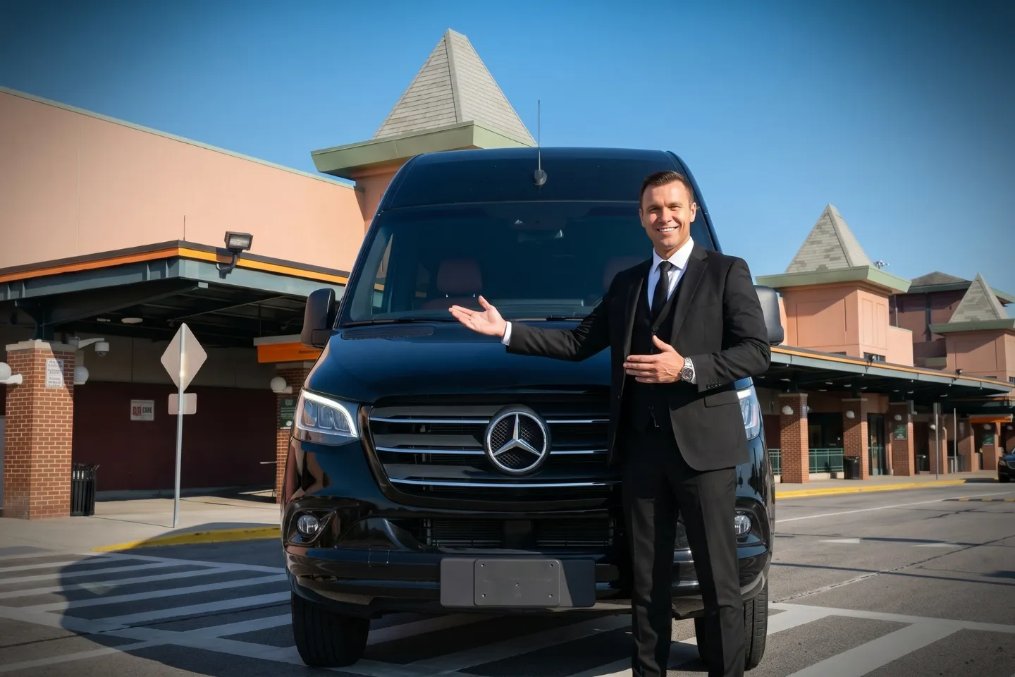 Chauffeur greeting arriving passengers beside a Sprinter van at SWF