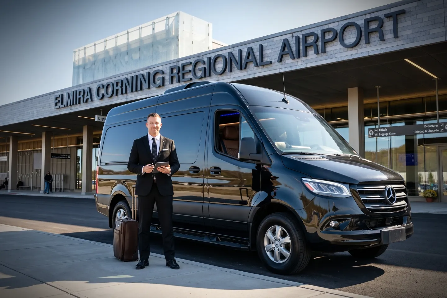 Sprinter van rental parked outside the Elmira Corning Regional Airport terminal