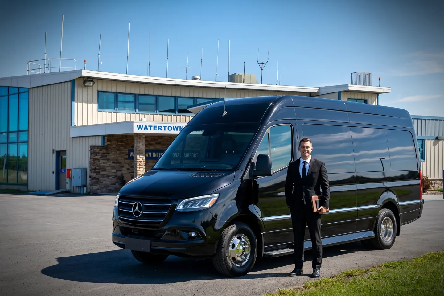Luxury Sprinter van parked at Watertown International Airport passenger pickup