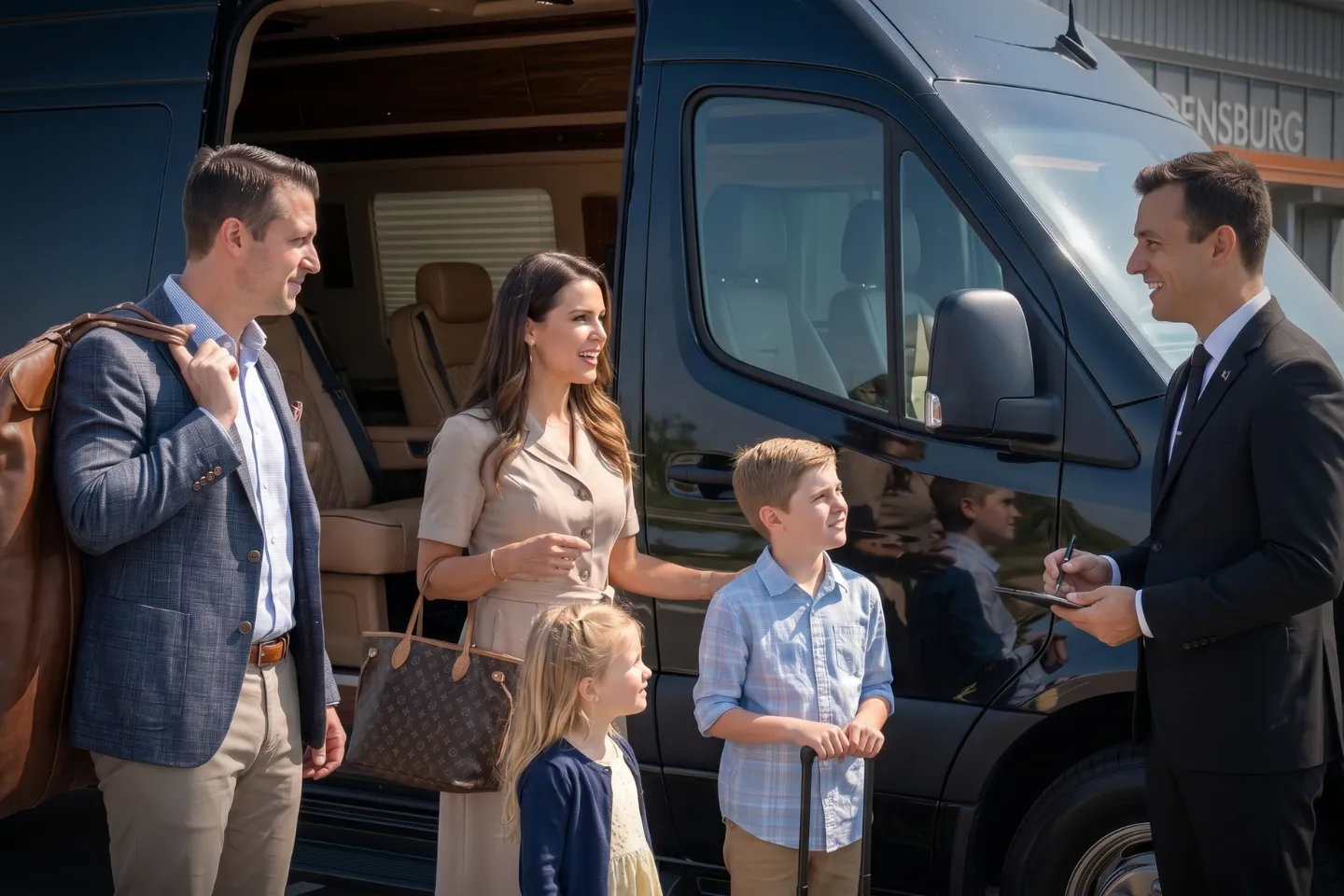 Passengers boarding a luxury Sprinter van near OGS arrivals doors