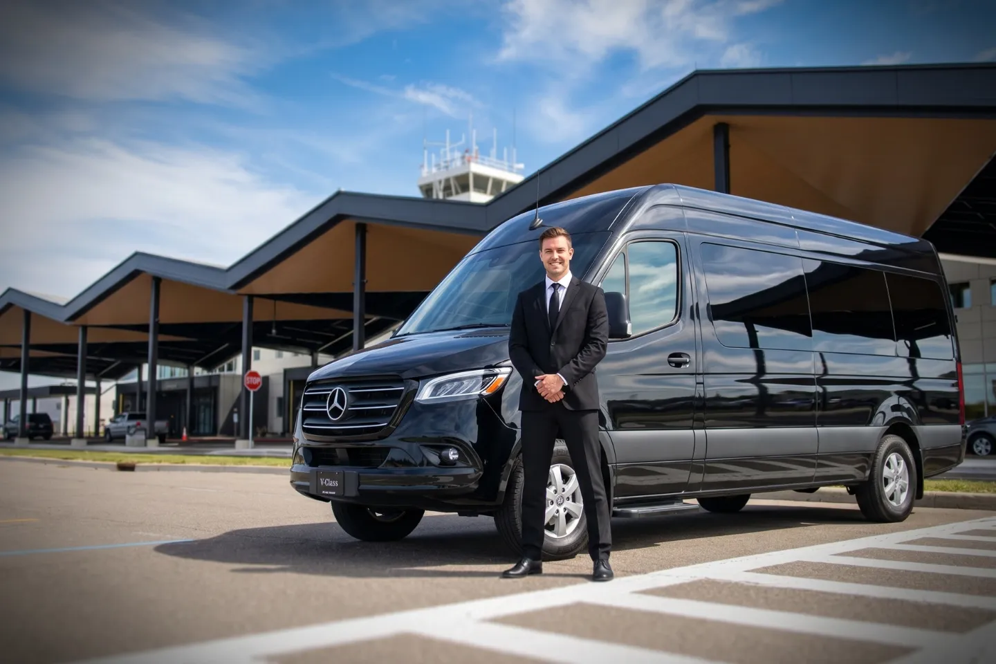 Luxury Sprinter van parked outside the Greater Binghamton Airport terminal doors