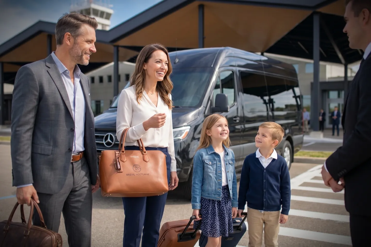 University group boarding a black Sprinter van near BGM arrivals