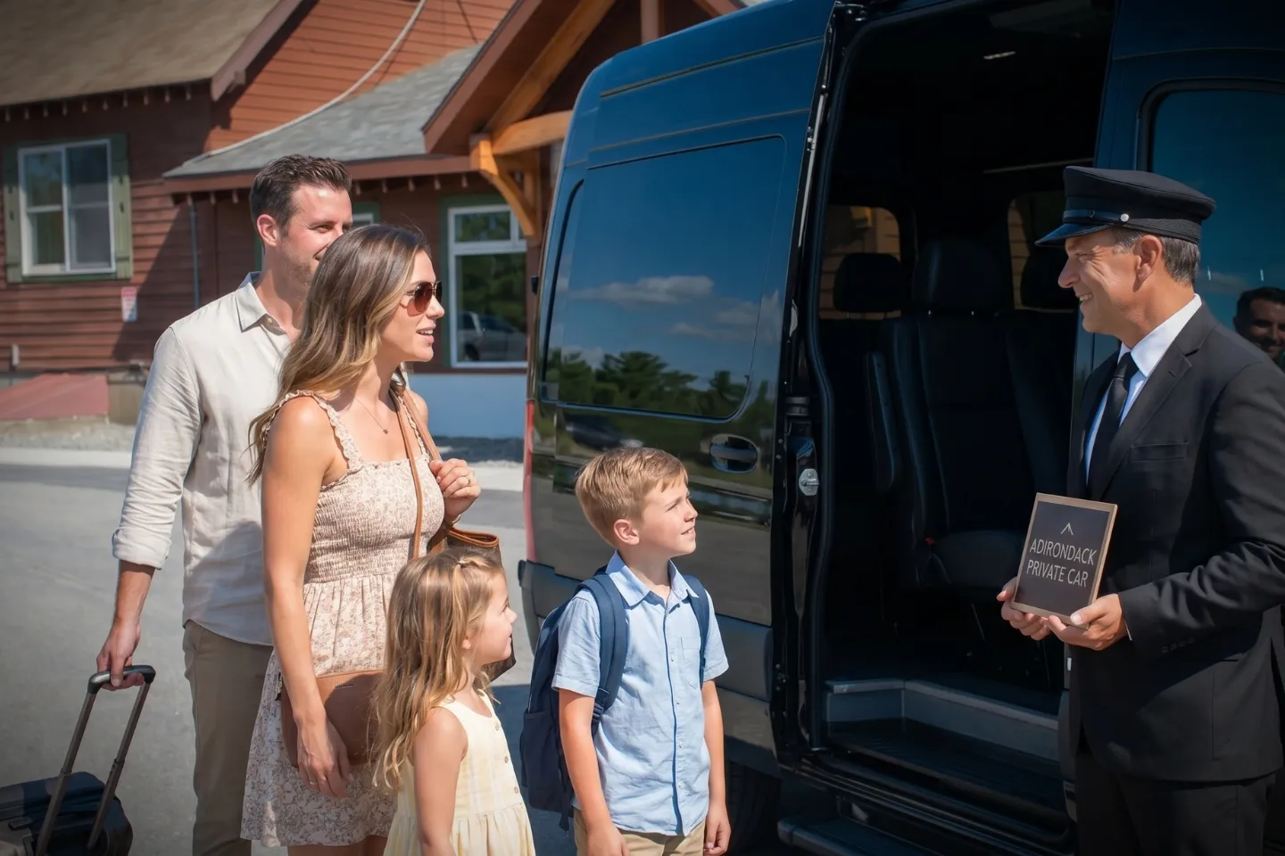 Travelers boarding a luxury Sprinter van at SLK with mountains behind