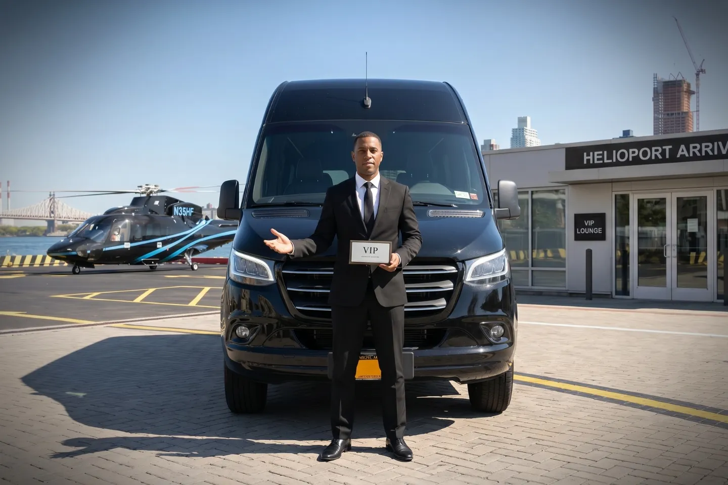 Chauffeur waiting beside a Sprinter van at the TSS heliport entrance