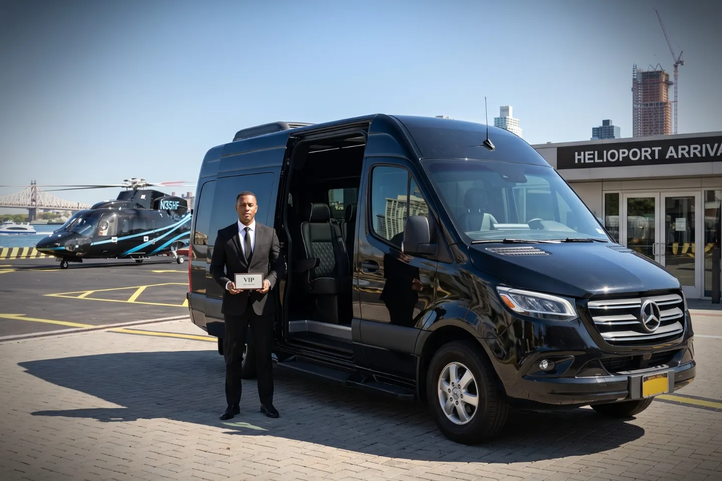 Black Sprinter van parked near East 34th Street Heliport along the East River