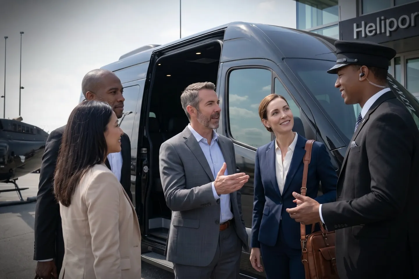 Helicopter passengers boarding a luxury Sprinter van near the JRA helipad